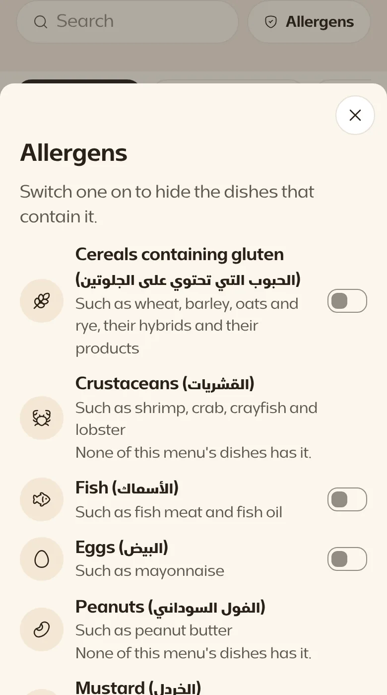 The menu's allergens sheet: each with what it covers, and a switch to hide the dishes holding it