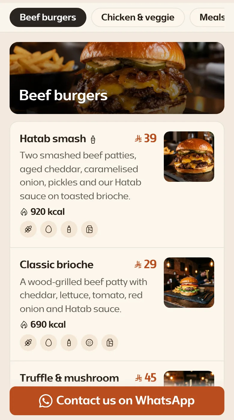 The main dishes section with its photo, and its dishes with photos, descriptions and prices